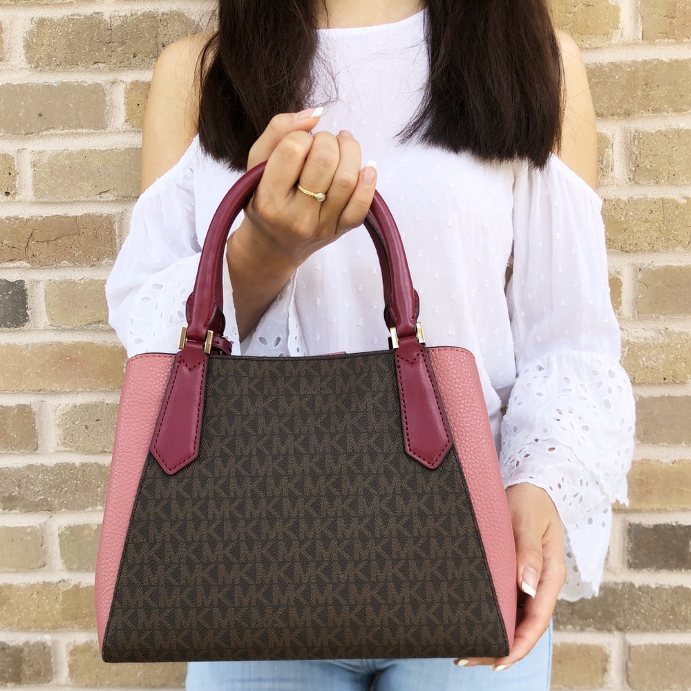 Gaby’sBags👜💕-Michael Kors Satchel Brown Mk Pink - Picture 5 of 8